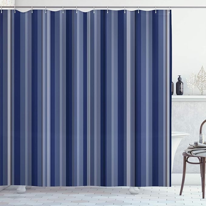 Ambesonne Stripes Shower Curtain, Abstract Ocean Inspired Palette Lines Geometrical Image Illustration, Cloth Fabric Bathroom Decor Set with Hooks, 84" Long Extra, Night Blue