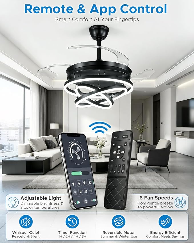 Retractable Ceiling Fans with Lights, 48" Fandelier Ceiling Fan with Light and Remote, Reversible, 3 CCT, Dimmable, Modern Chandelier Ceiling Fan for Bedroom, Living Room, Dining Room (Black)
