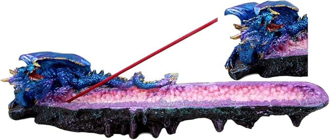 Atlantic Collectibles Quartz Crystal Azurite Guardian Dragon Incense Holder Figurine 10.75" Long