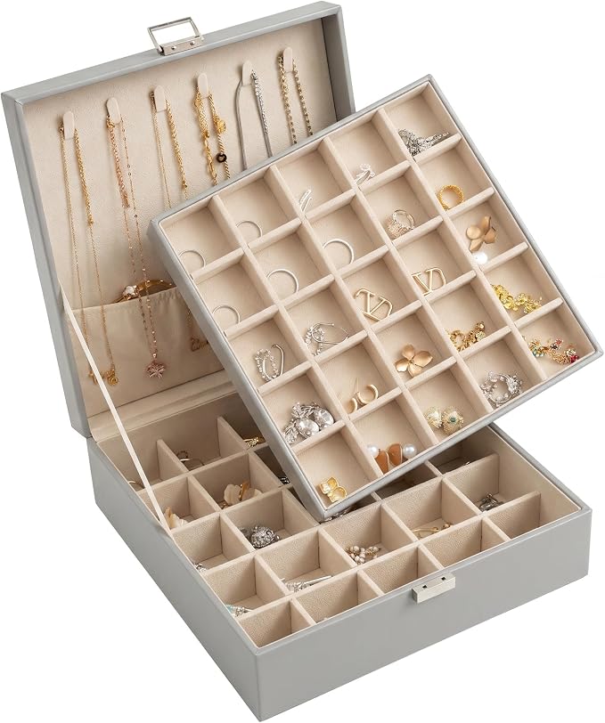 Frebeauty 50 Grid Earring Holder Organizer,2 Layer Jewelry Box for Women | Faux Leather,Velvet Lining,Adjustable Divider,Jewelry Organizer for Ring Necklace and Bracelet,for Home Use and Jewelry Store