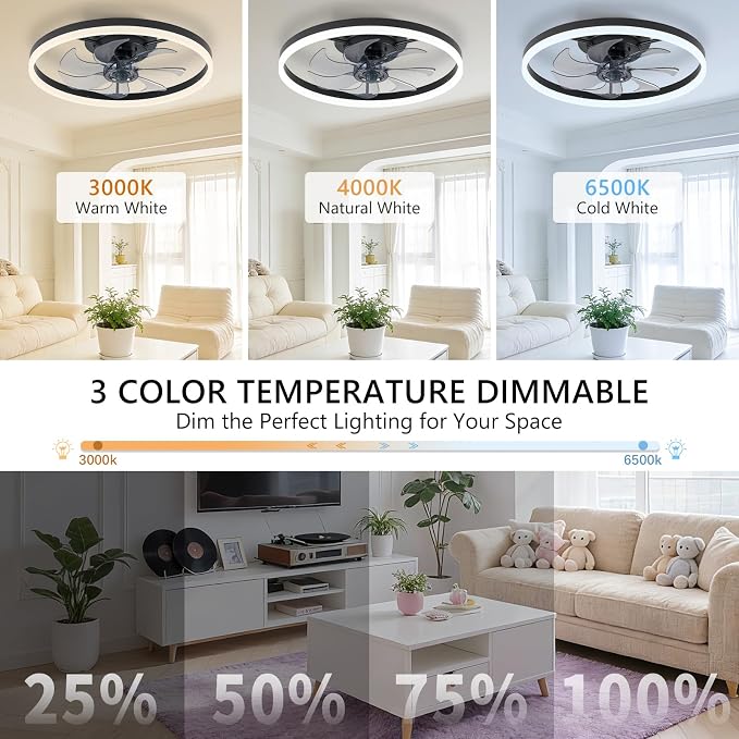 20" Low Profile Ceiling Fans with Lights and Remote & APP, Dimmable 3000-6500K LED Fandelier Ceiling Fan with Light, Modern Flush Mount Ceiling Fan Light for Living Room, Bedroom and Kitchen