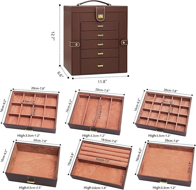 AKOZLIN 6-Tier Jewelry Box Organizer Functional 5 Drawers Leather Jewelry Storage Case for Women Girls Ring Necklace Earring Bracelet Holder Organizer with Mirror Extra Large Brown