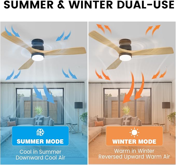 52inch Natural Wood Flush Mount Ceiling Fan with Light and Remote Control