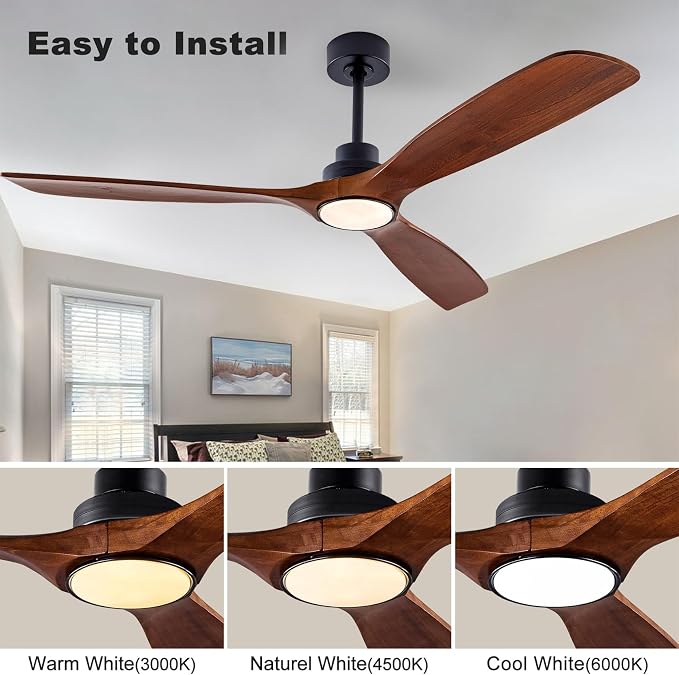 QUTWOB 60" Wood Ceiling Fan with Light, Reversible DC Motor, Remote Control | solid wood blades, quiet 6-speed reversible dc inverter motor, remote control, 3-color led, for indoor outdoor patio bedroom