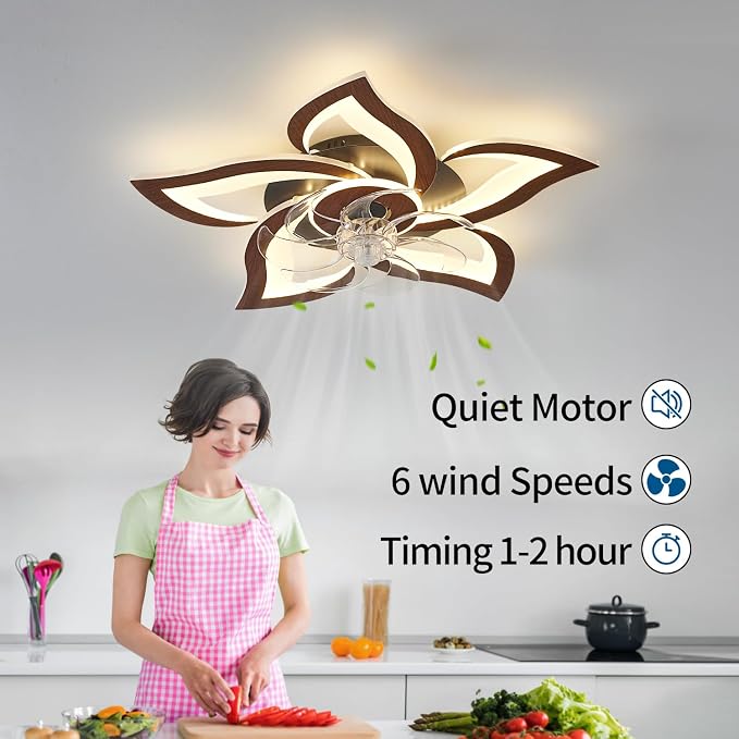 Flower Modern Ceiling Fans with Lights, Low Profile Ceiling Fan with Remote for bedroom, Flush Mount Ceiling Fan with LED Dimmable Light,3-Colors, 6-Speeds, Timing CeilingFans Light, Walnutcolor