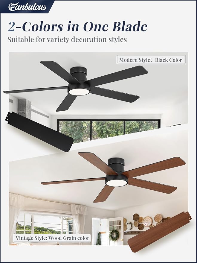Fanbulous 52 Inch Ceiling Fans with Lights and Remote,Outdoor Indoor Modern Flush Mount Ceiling Fan with 3CCT 6-Speed Quiet DC Motor,Black Small Low Profile Ceiling Fan for Bedroom Living Room Office