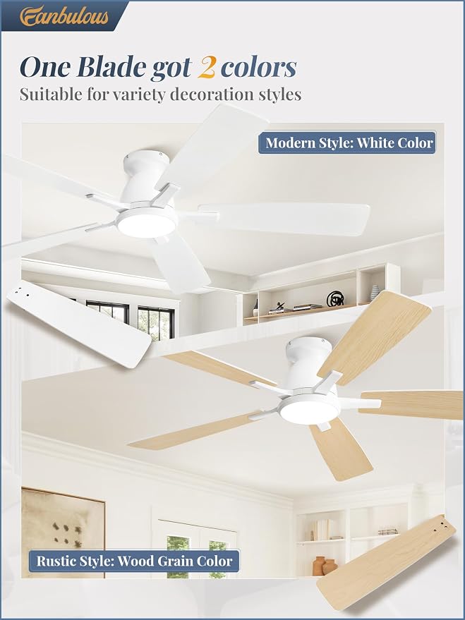 Fanbulous 52 inch Ceiling Fans with Lights, Smart Flush Mount Ceiling Fan and Remote APP, Modern Low Profile, 3CCT 20W LED with 6-Speeds Quiet Reversible Motor for Bedroom, Living Room, Kitchen, White