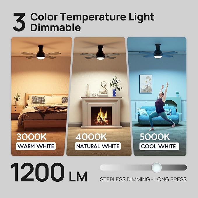 Consciot 52 Inch Ceiling Fan With Lights, Modern Black Ceiling Fan, Remote Control, Quiet Reversible DC Motor, Flush Mount, Dimmable 3CCT LED Light, Double Finish Blade, For Indoor Bedroom Living Room