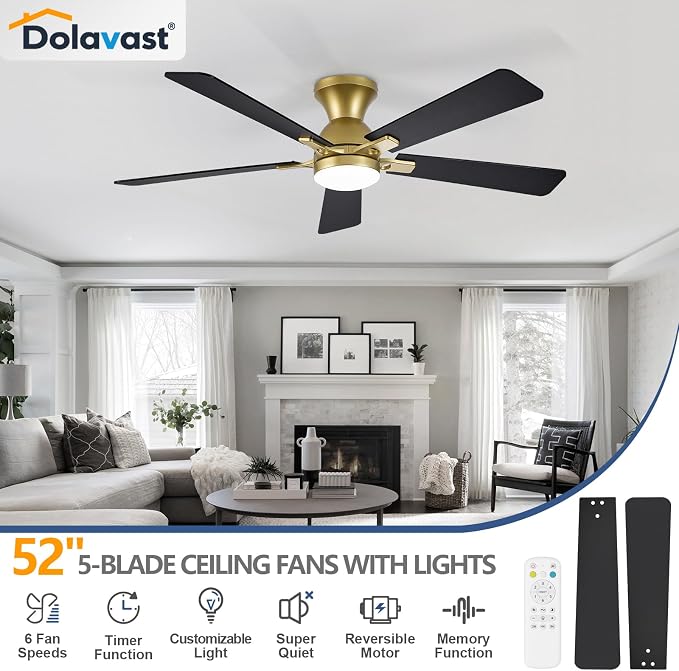 Ceiling Fans with Lights, 52 Inch Low Profile Ceiling Fan with Light and Remote Control, Flush Mount, Reversible, 3CCT, Dimmable LED, Quiet, Gold Ceiling Fan for Bedroom, Living Room