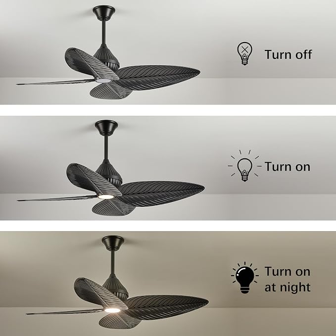 52" Tropical Ceiling Fans with Lights, Indoor Palm Leaf Ceiling Fan with Light and Remote for Living Room Bedroom, ABS Blades, Dimmable LED Lights, 6 Speeds, Adjustable Height-Black