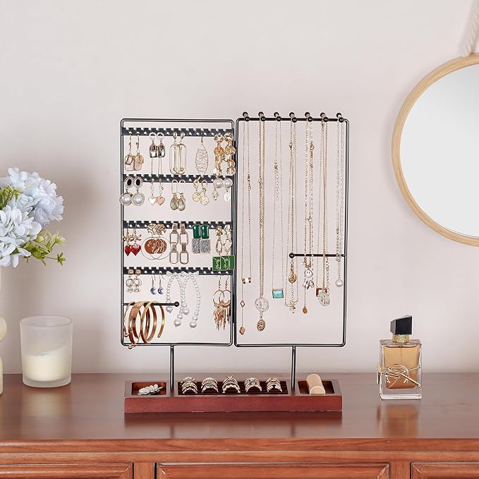 ProCase Jewelry Organizer Stand Earring Holder Organizer, 6 Tiers Earring Organizer Tree Necklace Rack Jewellery Tower Bracelets Holder Storage with Removable Wooden Ring Tray for Women Girls -Black