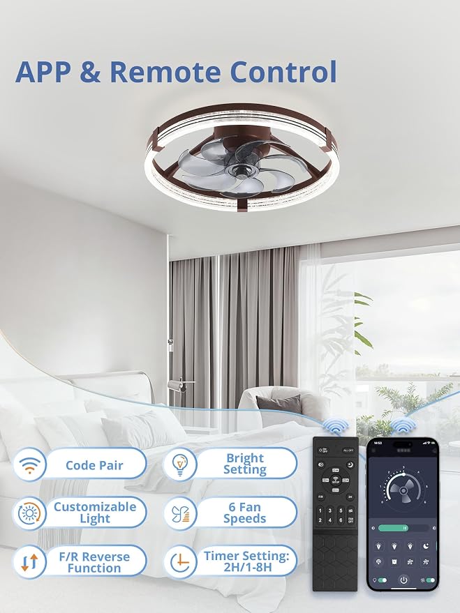 ZMISHIBO Low Profile Ceiling Fans with Lights, Flush Mount Modern Ceiling Fan and Remote Control, 20" LED Ceiling Fans, Stepless Dimmable 3 Colors and 6 Speeds (Brown, 20")