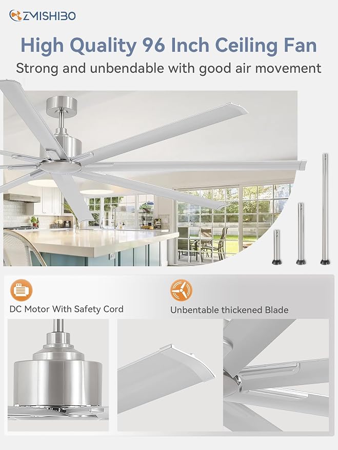 ZMISHIBO 96 Inch Industrial DC Motor Ceiling Fan, Large Ceiling Fan with 8 Reversible Blades, 3 Downrods, 6-Speed Remote Control, Home or Commercial Ceiling Fans for Porch/Garage/Shop, Nickel