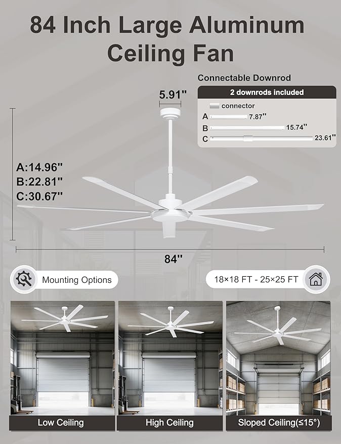 Ohniyou 84'' Industrial Ceiling Fan with Light for Shop, Garage, White | 11000 CFM Airflow, 7 Aluminum Blades, 3CCT, Remote/APP Control, 6 Speeds, Reverse Mode, Large Commercial Metal Fan for Gym