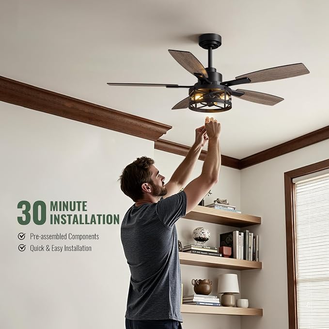 52 Inch Ceiling Fan with Light and Remote Control, Farmhouse Ceiling Fan with LED Lighting for Bedroom Living Room and Patio, Black Caged Ceiling Fan for Indoor and Outdoor(NO Bulbs)