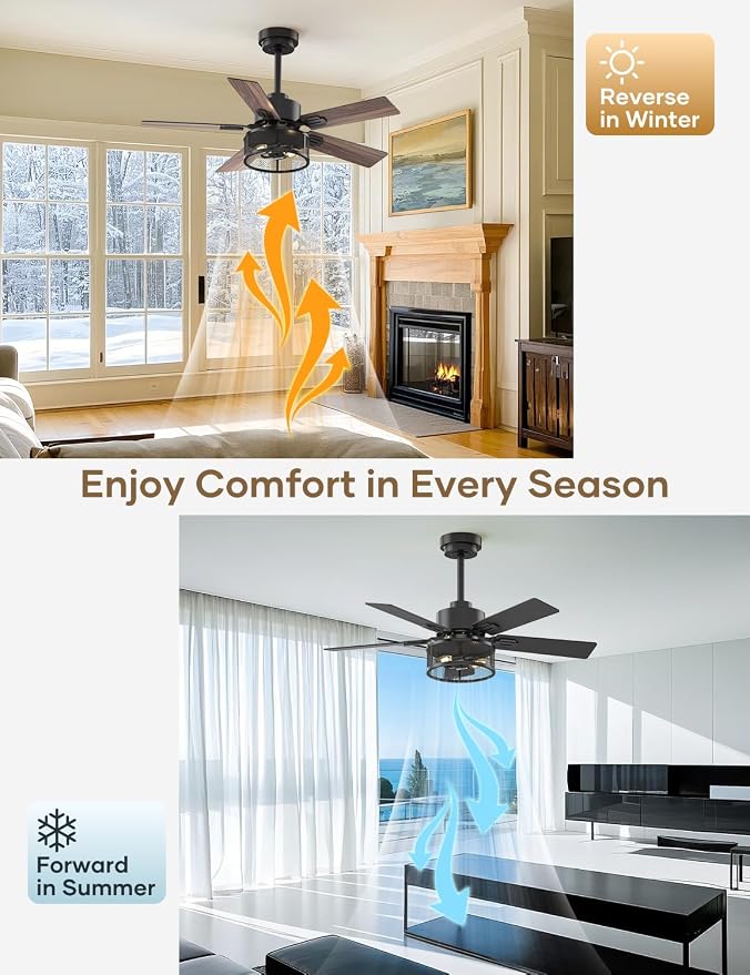 Farmhouse Ceiling Fans with Lights and Remote, 42 Inch Black Caged Ceiling Fan, Indoor/Outdoor Ceiling Fan with Dual-Color Blade Warm White Lighting for Bedroom, Patio, Kitchen, Living Room