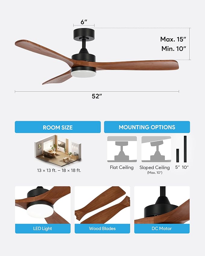 VONLUCE Wood Ceiling Fan with Lights, 52 Inch Ceiling Fans and Remote, 6 Speed Reversible Noiseless DC Motor, 3CCT, Solid Wood Outdoor Ceilings Fan for Patios Farmhouse, Walnut