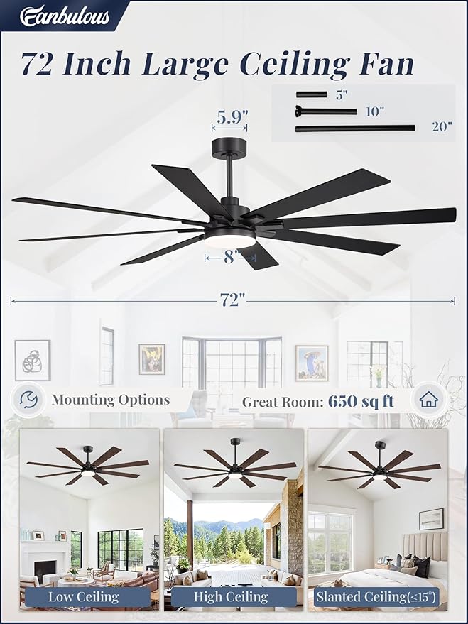 Fanbulous 72 Inch Ceiling Fans with Lights and Remote, Dual-Sided Reversible Blades for Versatile Décor, Quiet DC Motor, Wide-Angle Customized Brightness & 3CCT, Damp Rated for Indoor/Outdoor Use