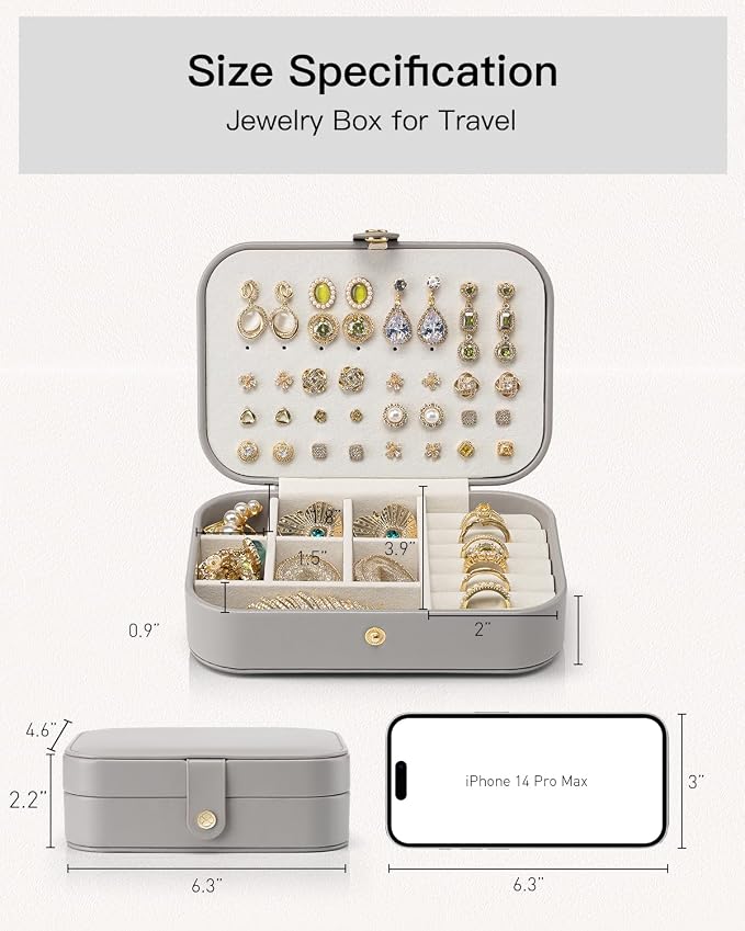 VLANDO Travel Jewelry Case, PU Leather Travel Jewelry Box with Earring Holder, Portable Display Small Jewelry Box for Mothers Day Women Girls Gift - Grey