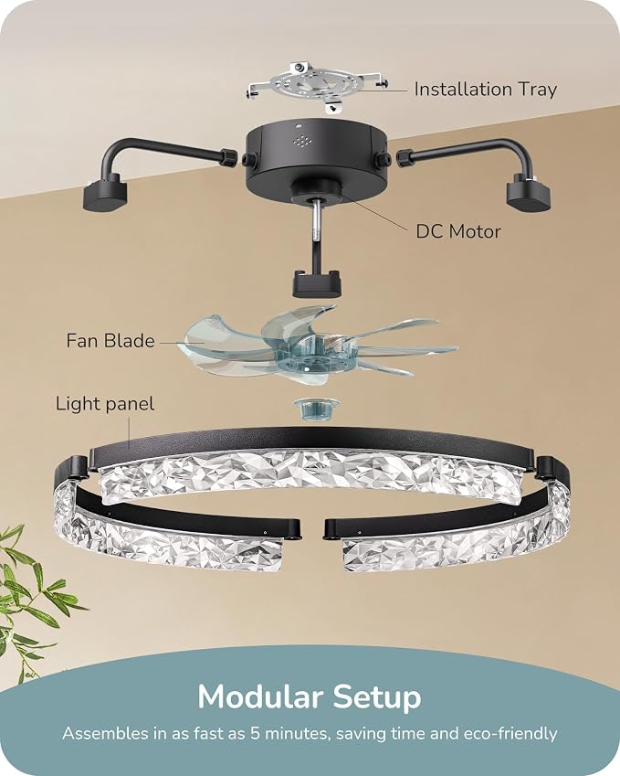 EDISHINE Ceiling Fans with Lights and Remote, 20'' Low Profile Ceiling Fan, 3000-6000K Dimmable, 6 Speeds LED Modern Flush Mount Fan Light, DC Motor, APP Control, Black Fandelier for Bedroom, Kitchen