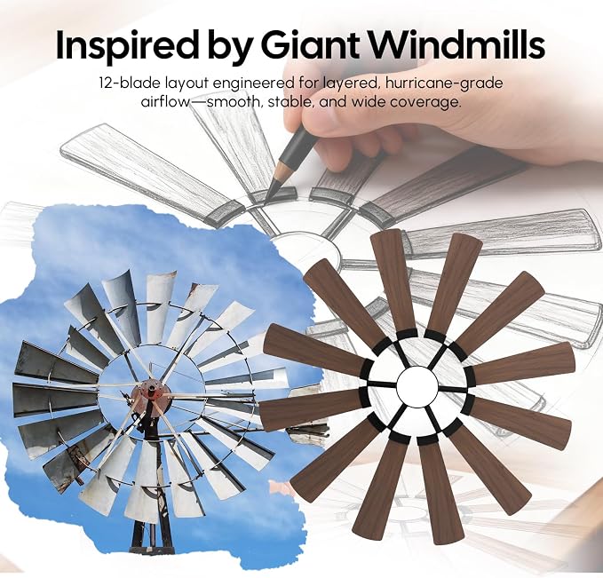 72'' Farmhouse Ceiling Fan with Light,12 Dual-Finish Wind Mill Blades, 3 Downrods, 6-Speed Reversible DC Motor, High CFM, 3CCT, Indoor Outdoor Industrial Fan for Patio Commercial Shop Garage