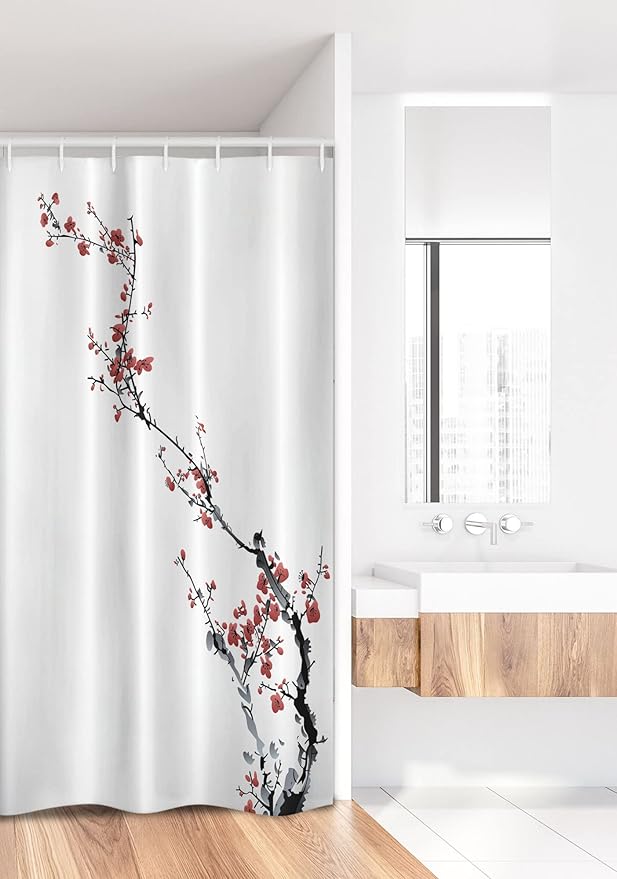 Ambesonne Watercolor Flower Stall Shower Curtain, Sakura Tree Cherry Branches in Classic Style Artwork, Fabric Bathroom Decor Set with Hooks, 36" W x 72" L, Coral Black