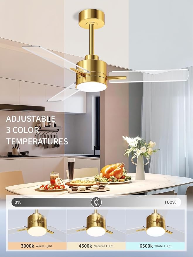 LANMEL 42 Inch Metal Ceiling Fan with Light, Modern Flush Mount Low Profile with Remote Control, Reversible, 3cct Dimmable, Quiet, Gold Transp LED for Bedroom, Living Room, Indoor/Outdoor Patio Use