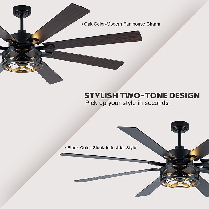 Dawn Whisper Black Ceiling Fans with Lights 72 Inch Farmhouse Ceiling Fan with Remote Quiet Reversible DC Motor 6 Speeds 8 Blades Large Industrial Chandelier Fan for Living Room Bedroom