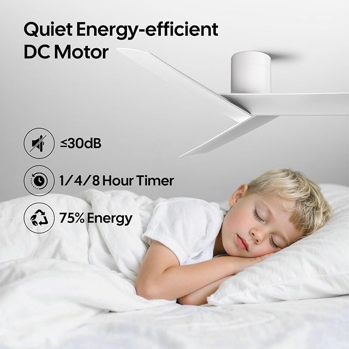 Modern Flush Mount Ceiling Fan No Light, 55" Matte White Low Profile Ceiling Fan Without Light, 3 ABS Blades, 6 Speed, Reversible DC Motor, Cool Hugger Fan for Kitchen, Bedroom, Living Room