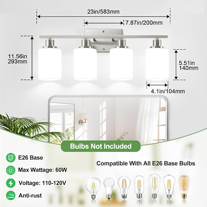 Indoi 4-Light Bathroom Light Fixtures, Brushed Nickel Modern Vanity Lights with Milky White Shades, Bathroom Wall Lamp for Mirror Living Room Cabinet Bedroom Porch