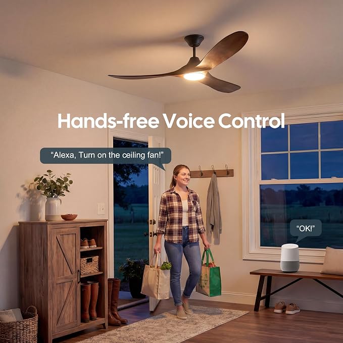 36 Inch Smart Ceiling Fan with Lights, Indoor Outdoor Ceiling Fans 3 Wood Blades, 6 Speeds Dimmable Quiet DC Motor, Remote/Alexa WiFi App Control, Modern Low Profile for Small Bedroom Patio Office