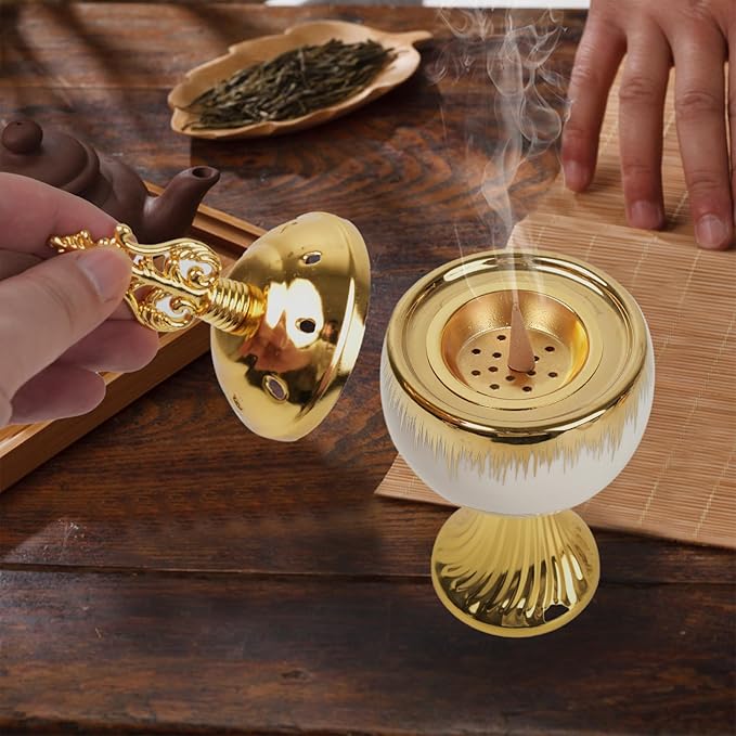 Ceramic Bakhoor Incense Burner - Tranditional Golden Bakhoor Burner - for Yoga, Spa, Aromatherapy, Office & Home Decor