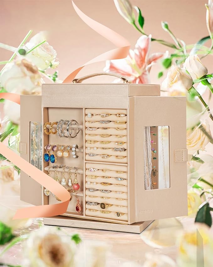 AKOZLIN 6-Tier Jewelry Box Organizer Functional 5 Drawers Leather Jewelry Storage Case for Women Girls Ring Necklace Earring Bracelet Holder Organizer with Mirror Champagne S-Medium