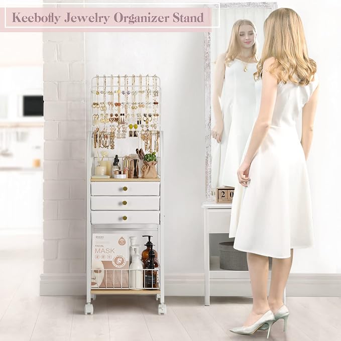Keebofly Large Floor Jewelry Organizer Stand with 3 Drawers - White | Mobile Jewelry Tower Holder with Display, Large Capacity Rack for Necklaces & Rings, Perfect Storage Gift for Women