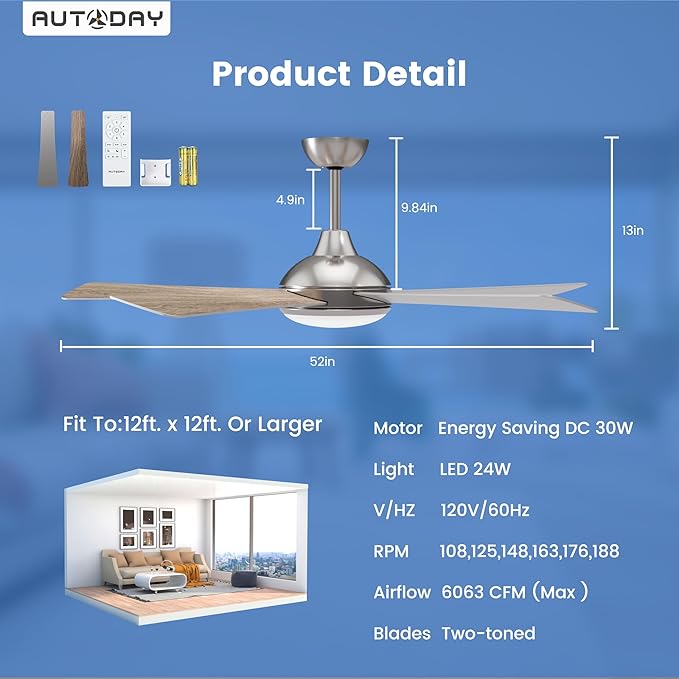 52 Inch Ceiling Fans with Lights and Remote/App Control - Nickel Ceiling Fan with Light, Quiet Reversible DC Motor, Dimmable Tri-Color LED, Modern Ceiling Fan for Bedroom/Patio, Indoor/Outdoor