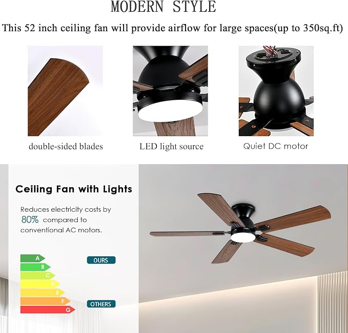 GJeg Ceiling Fans with Lights, 52 Inch Low Profile Ceiling Fan with Light and Remote, Flush Mount Ceiling Fan, 3CCT, Dimmable, Noiseless, Ceiling Light Fan for Bedroom, Indoor/Outdoor Use,Brown