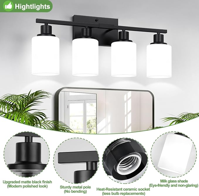 Indoi 4-Light Bathroom Light Fixtures, Matte Black Modern Vanity Lights with Milky White Shades, Bathroom Wall Lamp for Mirror Living Room Cabinet Bedroom Porch