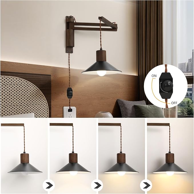Wood Plug in Wall Sconces, Swing Arm Wall Lamp with Dimmable On Off Switch, 8.6 inch Vintage Wall Mounted Light Fixture with Cord for Bedroom Nightstand Bedside Reading Lamp - Bulb Included