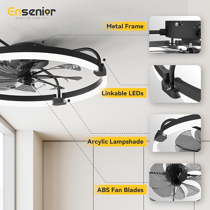 Ensenior Ceiling Fans with Lights and Remote, 24" Low Profile Ceiling Fan Flush Mount, APP Control, 6 Speed, 3CCT, Quiet Reversible DC Motor, Dimmable Modern Ceiling Fan with Light for Bedroom, Black