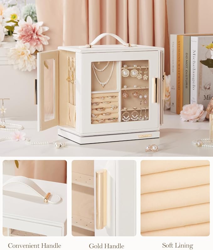 Homde Rotating Jewelry Box for Women: 7-Drawer Organizer with Clear Window | 4-Side Access Sorts Daily Jewelry - Jewelry Lovers Find Favorites Fast on Vanities - Display for Earring Ring Necklace