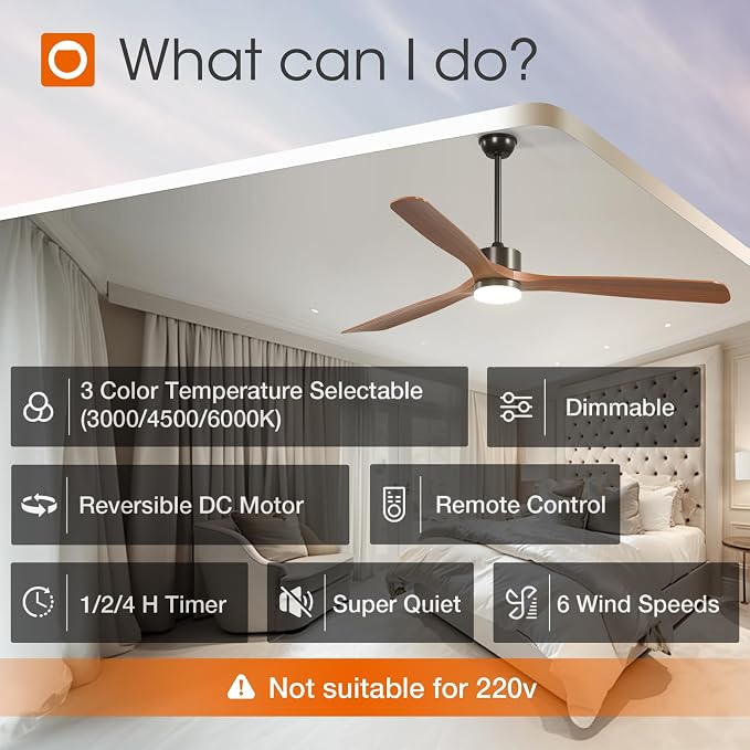 addlon 72 inch Ceiling Fans with Lights and Remote Control, Reversible, 3 Wood Blades, 6 Speeds, 3CCT Dimmable, Noiseless, Indoor/Outdoor Black Walnut Ceiling Fan for Bedroom Living Room Gazebo Patio