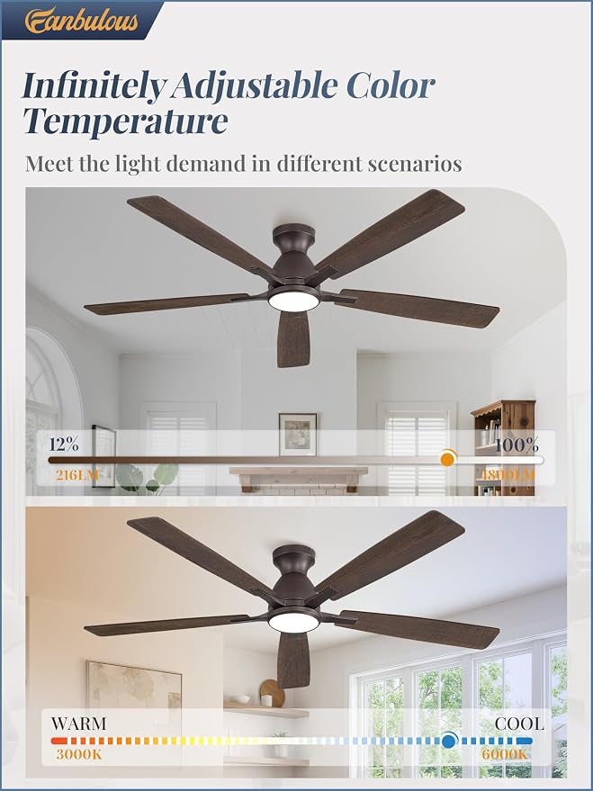 Fanbulous 60" Flush Mount Ceiling Fan with Light, Remote & App, Oil Bronze | 3CCT 20W LED, 6-Speed Quiet Reversible Motor, Modern Low Profile Flush Mount, Ideal for Bedroom/Living Room/Kitchen.