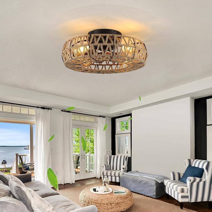 20 Inch Boho Caged Bladeless Ceiling Fan with Light,Flush Mount Rattan Fandelier Ceiling Fans Lights and Remote Contro,Enclosed 6 Speeds Low Profile Farmhouse Fan Light for Bedroom,Kitchen,Living Room