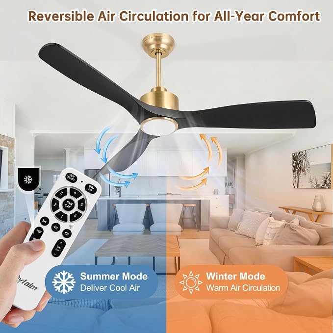 Ovlaim 52 Inch Modern Smart Ceiling Fan with Lights and Remote High CFM | 3 Blade Black Gold Ceiling Fan,ETL Listed Quiet Reversible DC Motor,Dimmable Light & Memory Function,For Bedroom Living Room