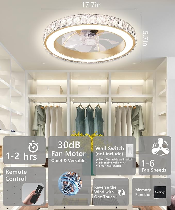 Aipsun Low Profile Modern Crystal Chandelier Ceiling Fans with Lights and Remote, 3000K-6500K Smart Bladeless LED Fan Light, 18" Gold Modern Ceiling Fans with Lights for Bedroom