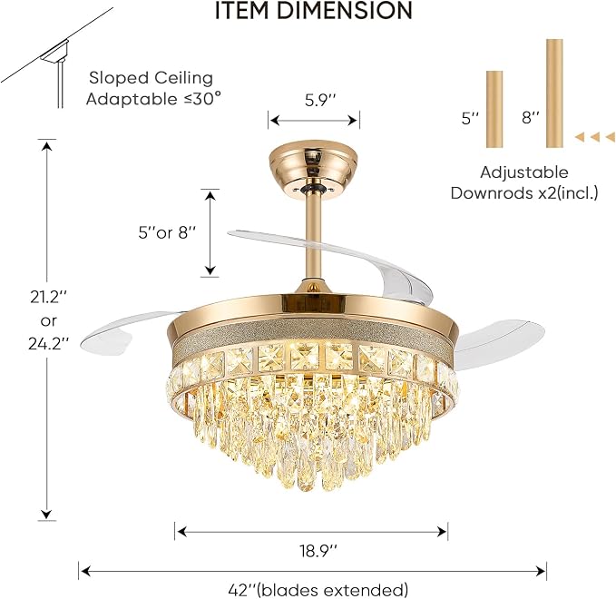 42 Inch Fandelier Ceiling Fan with Light, Chandelier Ceiling Fans with Lights, Crystal Ceiling Fans for Bedroom Living Room, LED Dimmable, 6 Wind Speed,3 Color Temperatures-Gold