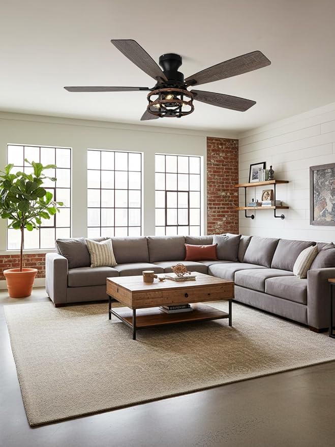 52 Inch Flush Mount Farmhouse Ceiling Fan with Light Rustic Caged Low Profile Ceiling Fan for Living Room Bedroom Patio