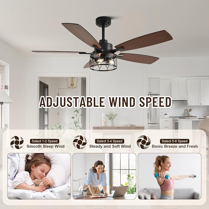 52'' Rustic Caged Ceiling Fan with Light and Remote Control | Reversible Quiet DC Motor,6 Speed,Timer Dual-Sided Wood Blades,Farmhouse Ceiling Fan for Living Room,Dining Room,Bedroom