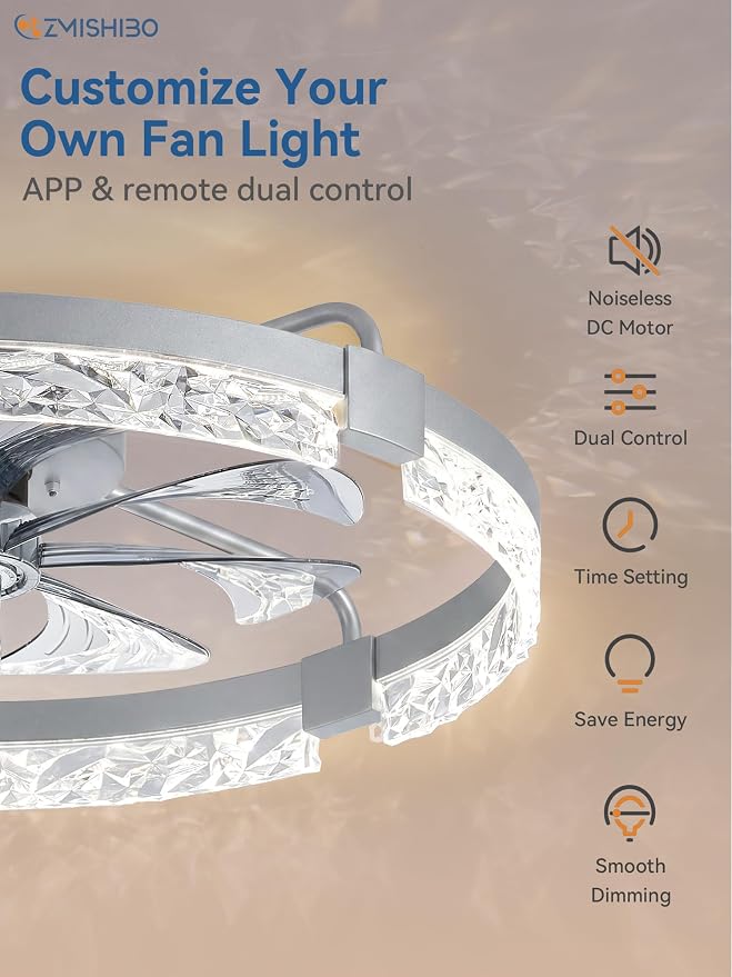 ZMISHIBO 24 Inch Flush Mount Ceiling Fan with Light, Bladeless Low Profile Enclosed Fan for Bedroom Kids Room, 6 Speeds Reversible DC Motor, 3CCT Dimmable Smart App Control