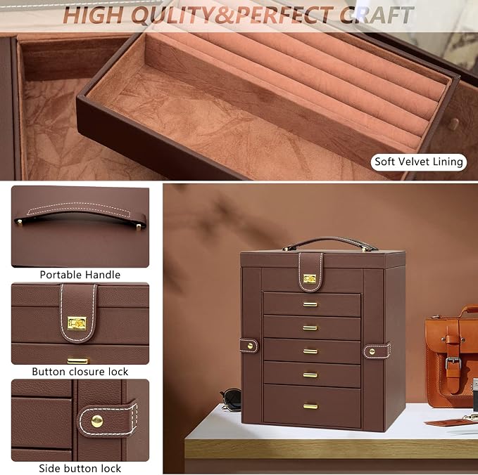 AKOZLIN 6-Tier Jewelry Box Organizer Functional 5 Drawers Leather Jewelry Storage Case for Women Girls Ring Necklace Earring Bracelet Holder Organizer with Mirror Extra Large Brown